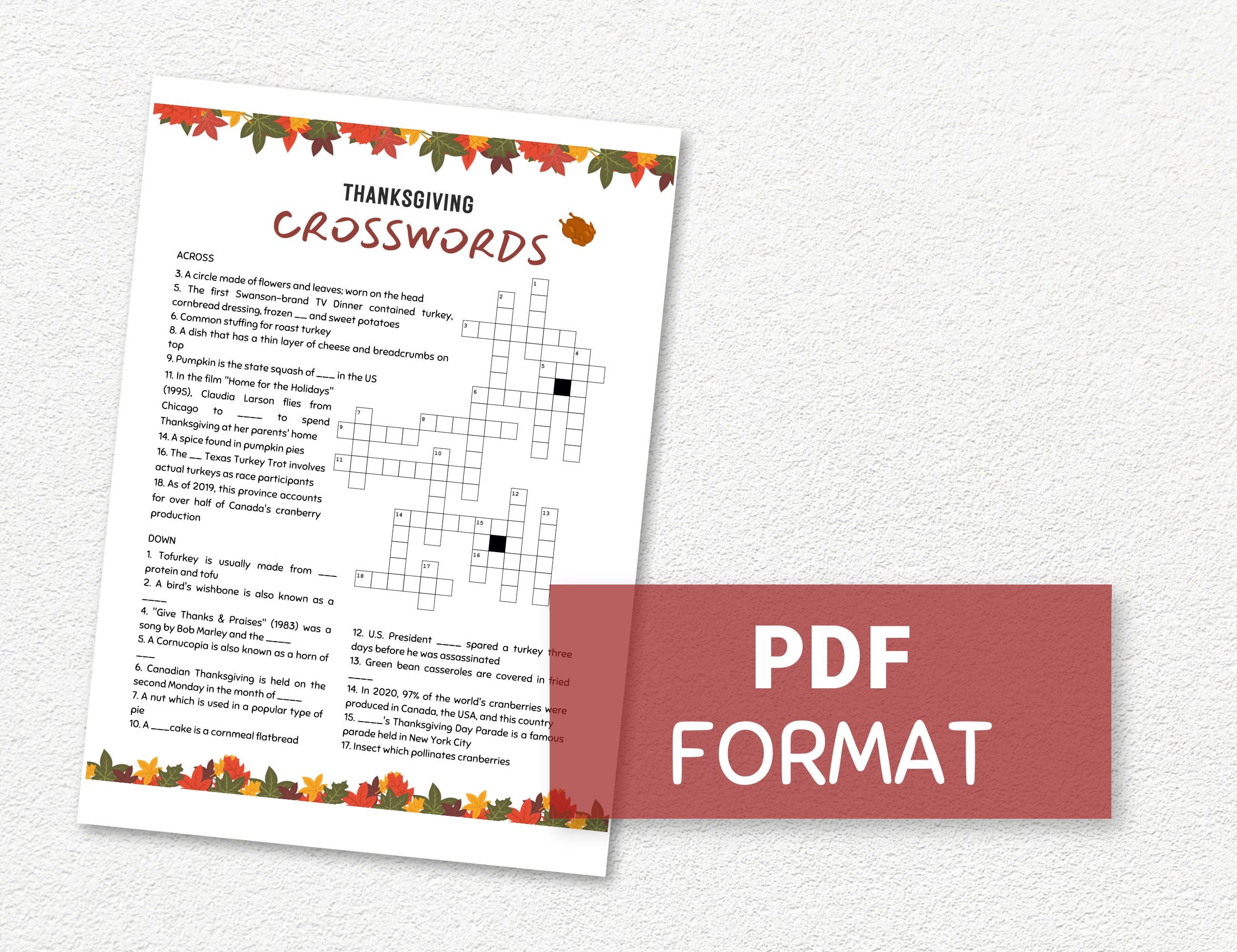 Thanksgiving Crossword Puzzle Printable Puzzle Games Adults - Etsy