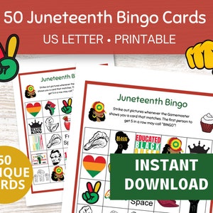 ジューンティーンス ビンゴ 印刷可能、ジューンティーンス ビンゴ カード 50 枚 PDF、アフリカ系アメリカ人ゲーム