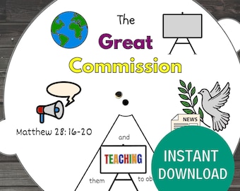 May include: A white circular graphic with the text "The Great Commission" and illustrations of a globe, a megaphone, a dove, and a whiteboard. The text "Matthew 28:16-20" is also included. A green circle with the words "Instant Download" is on the right.