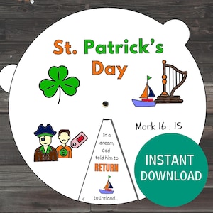 Può includere: Un'attività di bricolage stampabile per il giorno di San Patrizio per i bambini. L'attività è un cerchio con un trifoglio, un'arpa, una barca e un uomo con un sacco d'oro. Il testo sull'attività dice "St. Patrick's Day", "Marco 16: 15", "In un sogno, Dio gli disse di TORNARE in Irlanda..." e "DOWNLOAD IMMEDIATO".