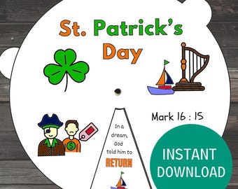 St Patrick’s Day Coloring Wheel, Sunday School Lesson, Kids Activity Printables, Saint Patrick Worksheet and Craft