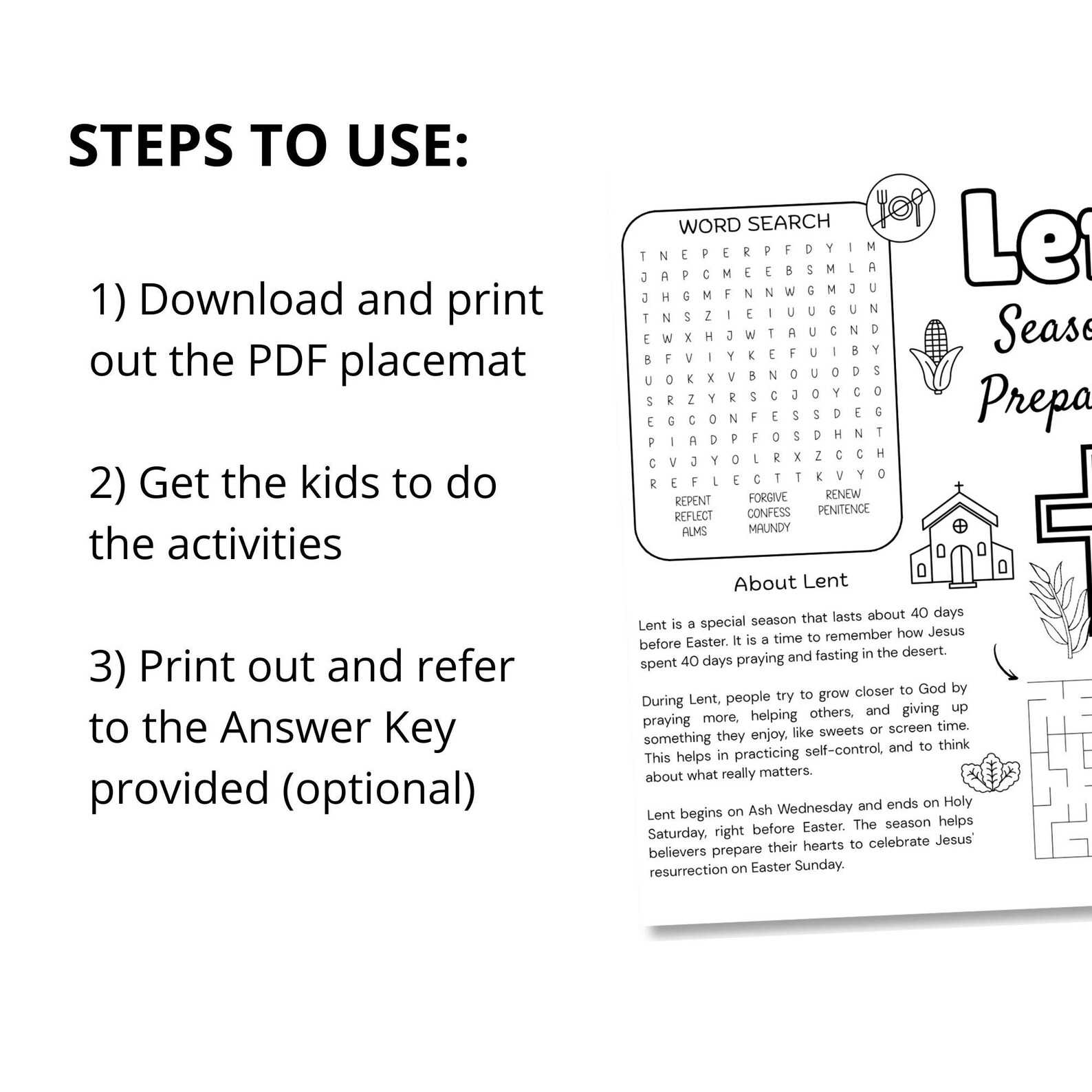Lent Activity Placemat, Printable Sunday School Games, Ash Wednesday ...