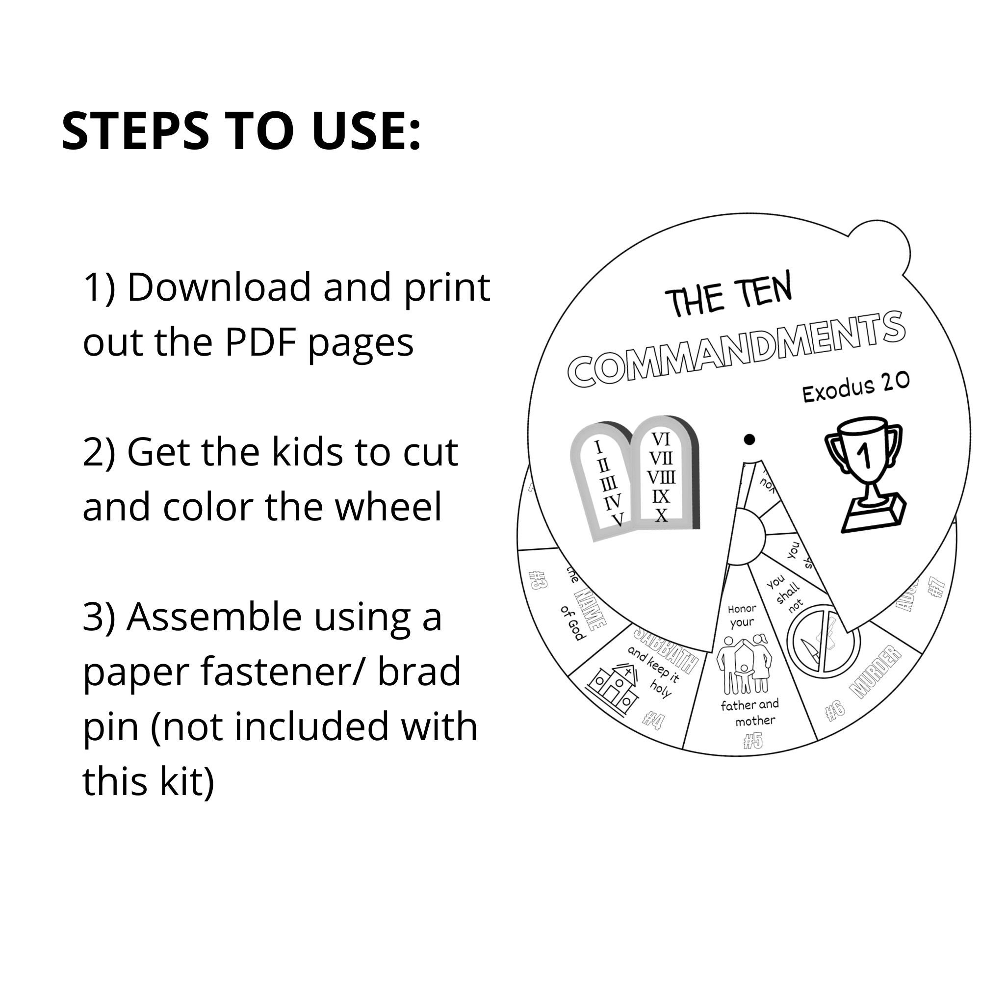 Ten Commandments Coloring Wheel, Printable Sunday School Lesson, Bible