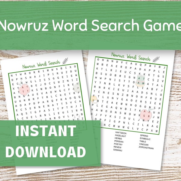 Nowruz Activities Printable, 2 Word Search Puzzles for the Persian New Year, Party Game Printables for Adults and Teenss