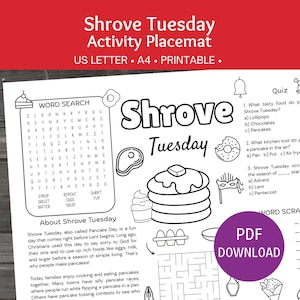 May include: Black and white printable Shrove Tuesday activity placemat. Features a word search, quiz, and information about Pancake Day. Includes illustrations of pancakes, eggs, and other related items. The text "PDF DOWNLOAD" is visible.