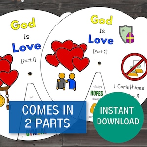 God is Love Coloring Wheels, 1 Corinthians 13 Craft, Printable Sunday School Lesson, Bible Activity For Kids