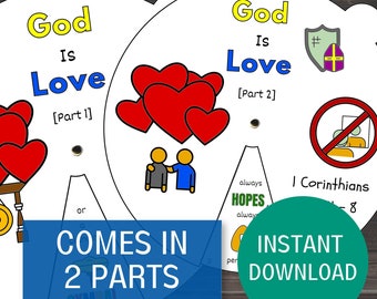 God is Love Coloring Wheels, 1 Corinthians 13 Craft, Printable Sunday School Lesson, Bible Activity For Kids