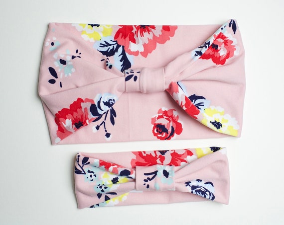 Momma & Baby Bundle - Pink Watercolor Floral - Women's Knit Stretch Modern Jersey Headband