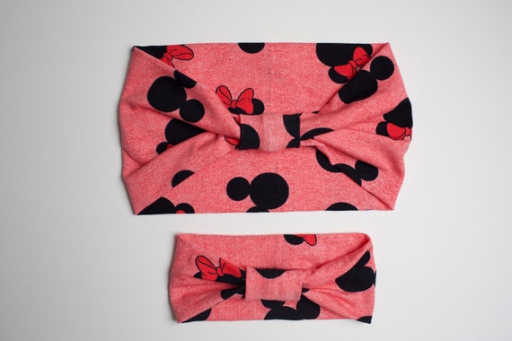 Momma & Baby Bundle - Coral Minnie/Mickey Mouse - Women's Knit Stretch Modern Jersey Headband