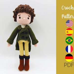 May include: Crochet pattern PDF for a green and brown doll with brown hair. The pattern is available in English, Spanish, Portuguese, French, German, and Italian.