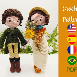 Puede incluir: Patrón de crochet para dos muñecas amigurumi, un hombre y una mujer, vestidos con ropa vintage. El patrón está disponible en inglés, español, francés y portugués. El patrón está en formato PDF.