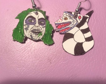 Beetlejuice Sand worm hand made hand drawn quirky Halloween earrings.