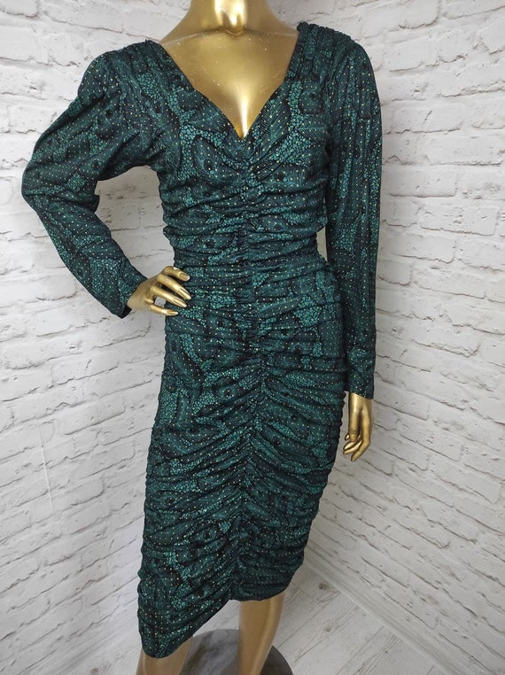 Spectacular Vintage 80s Ruched Midi Dress Cocktai… - image 1