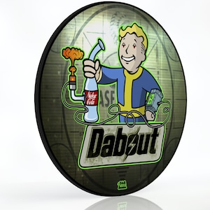 May include: A round, green, and black sticker with a cartoon character holding a glass bottle with the text "Nuka Cola" on it. The character is wearing a blue jumpsuit with a yellow undershirt. The sticker has the text "Dab Out" in a green and white font.