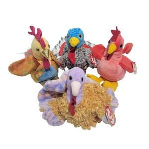 Ty Beanie Babies Stuffed Plush Toys. Vintage. Collectibles. Strut 1996, Lurkey 2000, Tommy 2002, Rooster Zodiac 2000.