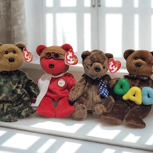 Juguetes vintage de peluche de Ty Beanie Babies. Coleccionables. Hero 2003, Bearon 2003, Dad 2004, Hero 2000.