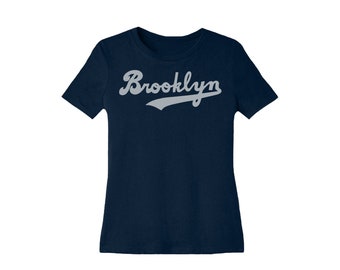 Women Brooklyn Navy Crewneck Tshirt, Silver Dodgers Print
