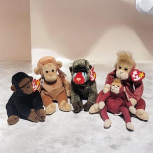 Ty Beanie Babies Plushies Toys. Vintage Collectables. Cheeks 1999, Congo 1996, Bongo 1995, Sweetheart 1999.
