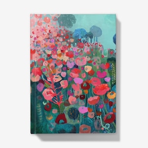 May include: A painting depicting a field of colourful flowers in shades of pink, red, and orange. The flowers are set against a backdrop of blue and green trees and a light blue sky.
