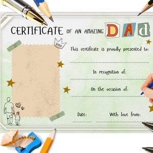 Certificato per papà – Regalo per la festa del papà o per il compleanno – Premio personalizzato per papà – Aggiungi nome, occasione, motivo e foto – DOWNLOAD IMMEDIATO