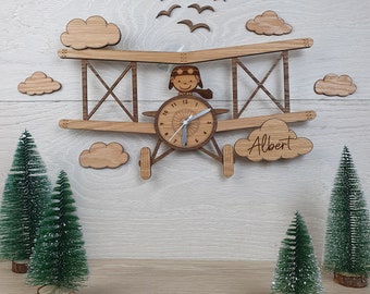 Children’s Airplane personalised oak clock Bi-Plane