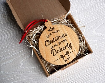 First Christmas Mr & Mrs Personalised Oak Bauble Tree Decoration