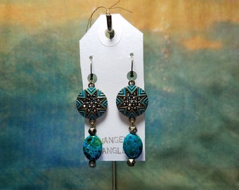 Chrysocolla Bead Earrings with Turquoise Colored Enameled Sunburst