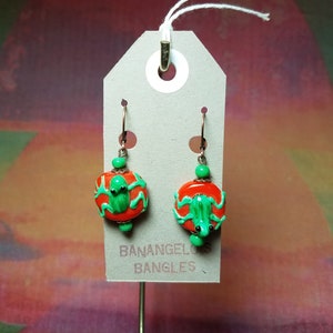 Green and Orange Frog Glass Bead Earrings