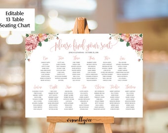 seating chart design 13 Table Seating Chart - 24"x36" EDITABLE PDF - Pink Peonies - Wedding Seating Chart - Party Seating Chart - Instant Download