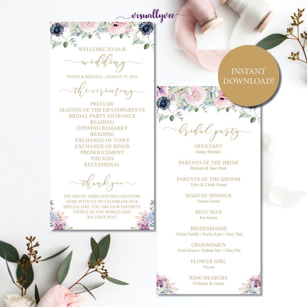 INSTANT DOWNLOAD Succulent and Roses 4x8 Wedding Program Editable ...
