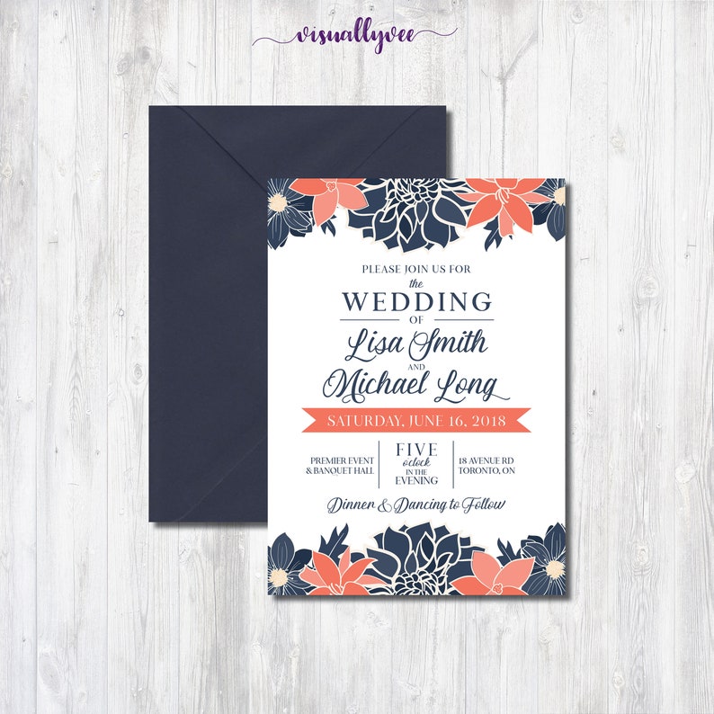 Navy & Coral Wedding Invitations Navy and Coral Floral Etsy