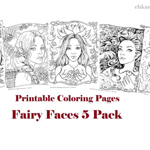 Set of 5 GRAYSCALE Coloring Pages Fairy Faces 5 Pack Instant - Etsy