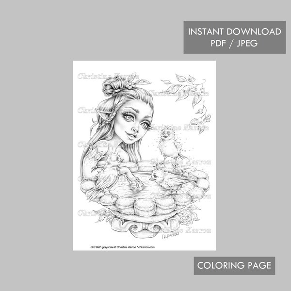 Bird Bath Coloring Page Grayscale illustration Fairy Elf Fantasy fountain Instant Download Printable File (JPEG and PDF) Christine Karron