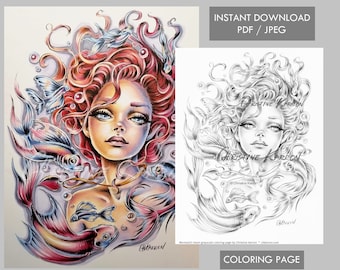 Mermaid&#39;s Heart Coloring Page Grayscale Instant Download Printable File (JPEG and PDF)