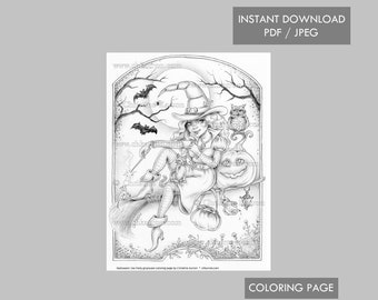 Halloween Tea Party Grayscale Coloring Page Witch Halloween Pumpkin Fairytale illustration Instant Download Printable File (JPEG and PDF)