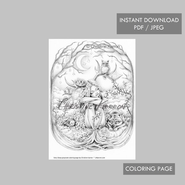 Fairy Sleep Coloring Page Grayscale Instant Download Printable File (JPEG and PDF)
