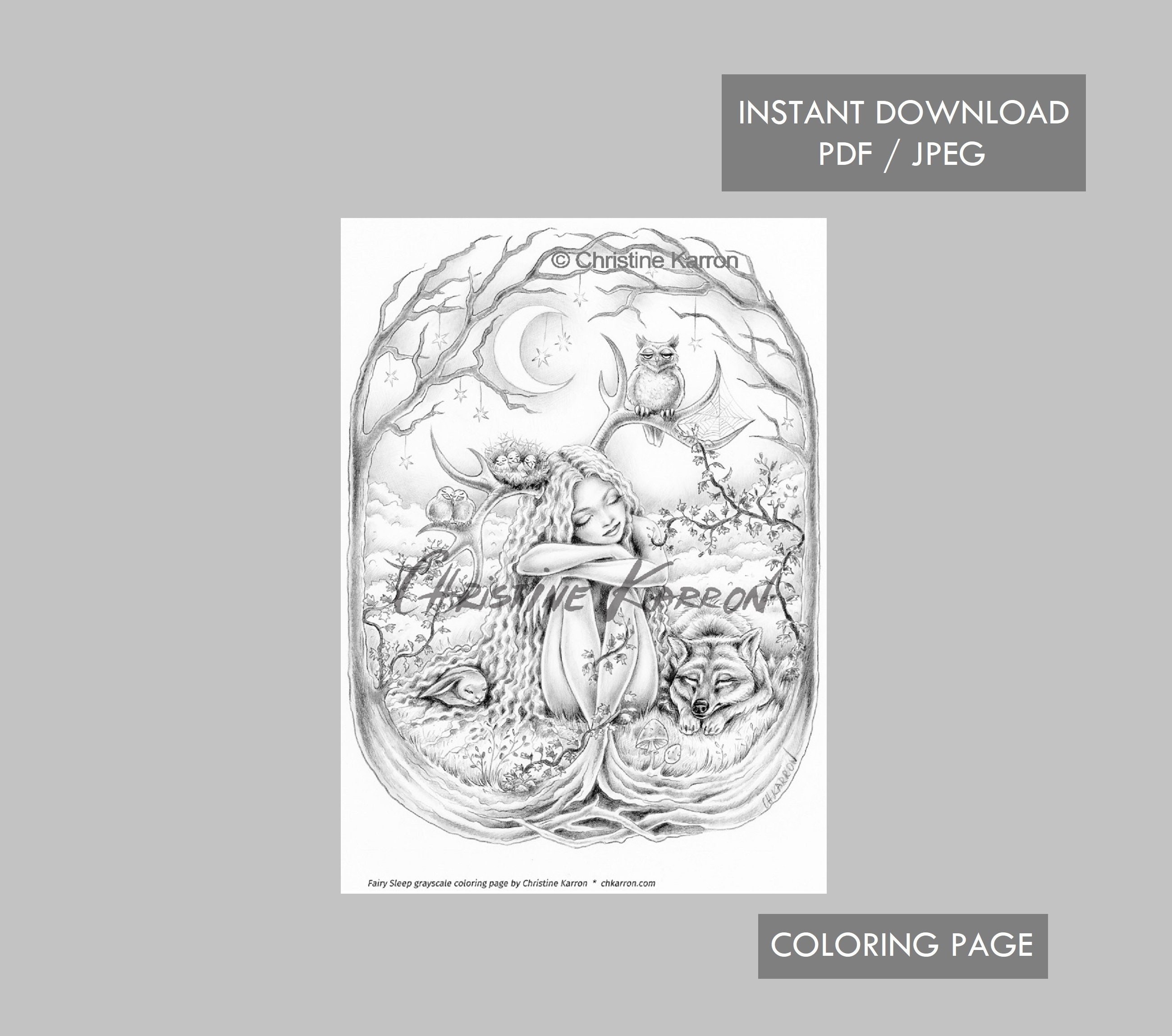 fairy sleep coloring page grayscale instant download printable etsy denmark