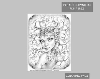 Apple Tree Fairy Coloring Page Grayscale Instant Download Printable File (JPEG and PDF)