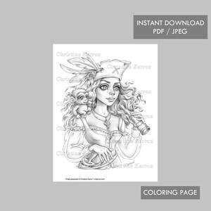 Pirate Girl Coloring Page GRAYSCALE Female Portrait Monkey illustration Instant Download Printable File (JPEG and PDF) Christine Karron
