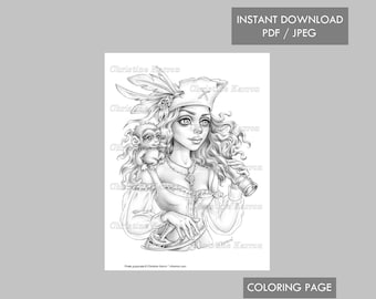 Pirate Girl Coloring Page GRAYSCALE Female Portrait Monkey illustration Instant Download Printable File (JPEG and PDF) Christine Karron