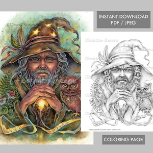 May include: A colouring page depicting a wizard with a long white beard and a pointed hat. He is holding a glowing orb in his hands and an owl is perched on his shoulder. The wizard is surrounded by greenery and mushrooms. The text "Wizard" is written on a ribbon at the bottom of the page.