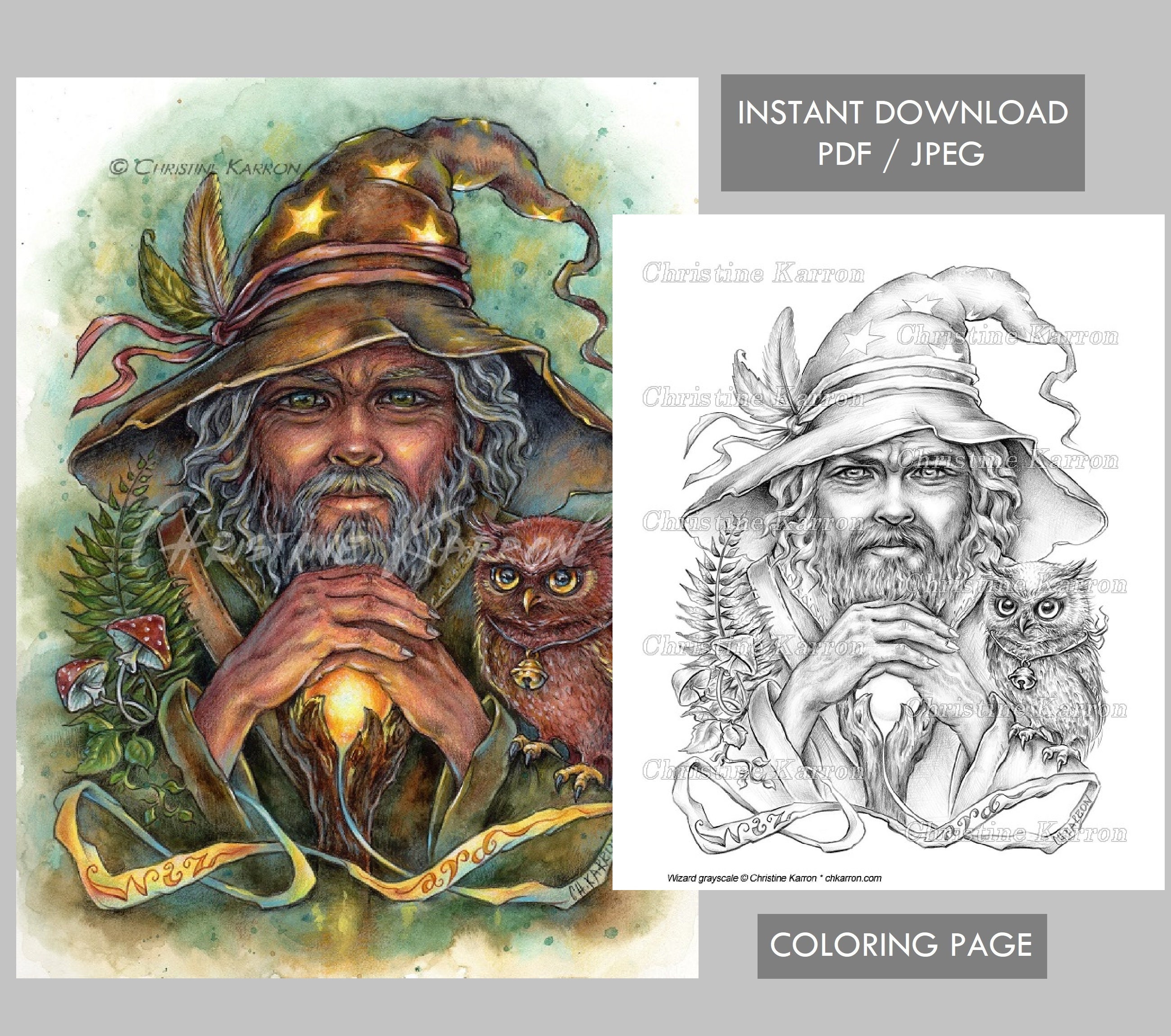 Wizard Coloring Page GRAYSCALE Male Magic Owl Woodland Male illustration Instant Download Printable 