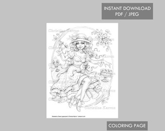 Strawberry Dream Coloring Page GRAYSCALE illustration Ice Cream Cake Girl Instant Download Printable File (JPEG and PDF) Christine Karron