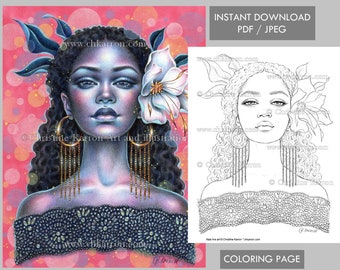 Nala Christine Karron Coloring Page Line-art illustration Female Portrait Dark Skin Flower Instant Download Printable Files (JPEG + PDF)