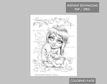 Dew Droplet Coloring Page Grayscale illustration Leaves Fairy Elf Wings Instant Download Printable File (JPEG and PDF) Christine Karron