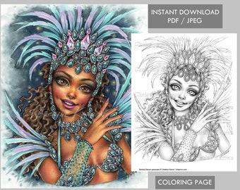 Samba Dancer Coloring Page GRAYSCALE Rio Carnival Female illustration Instant Download Printable File (JPEG and PDF) Christine Karron