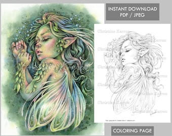 Faye Coloring Page Grayscale illustration Female Fairy Elf Girl Fae Portrait Instant Download Printable File (JPEG and PDF) Christine Karron