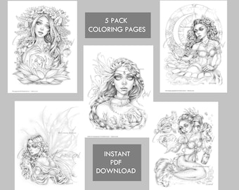 Fantasy Fairy 5 Pack GRAYSCALE Coloring Pages Mermaid Angel | Etsy