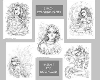 Fantasy Fairy 5 Pack GRAYSCALE Coloring Pages Mermaid Angel | Etsy