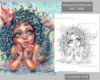 Little Mermaid Coloring Page Grayscale illustration Cute Girl Fantasy Ocean Instant Download Printable File (JPEG and PDF) Christine Karron